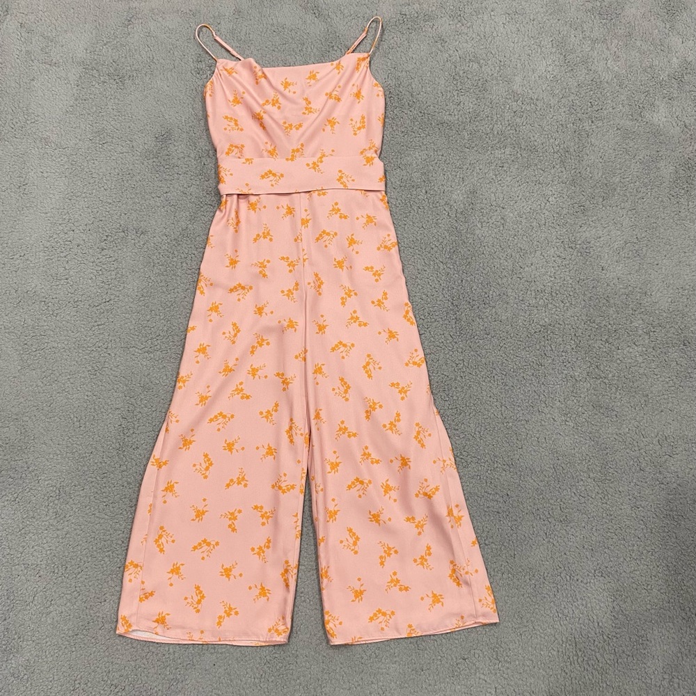 Keepsake the Label Jumpsuit Womens S Floral Pink Cowl Neck Tie-Waist Wide-leg